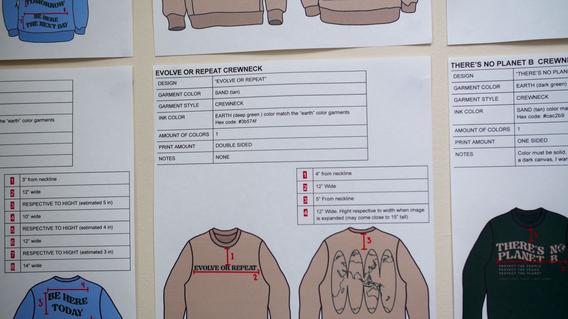 Plannett Gunnett garment specification sheets.